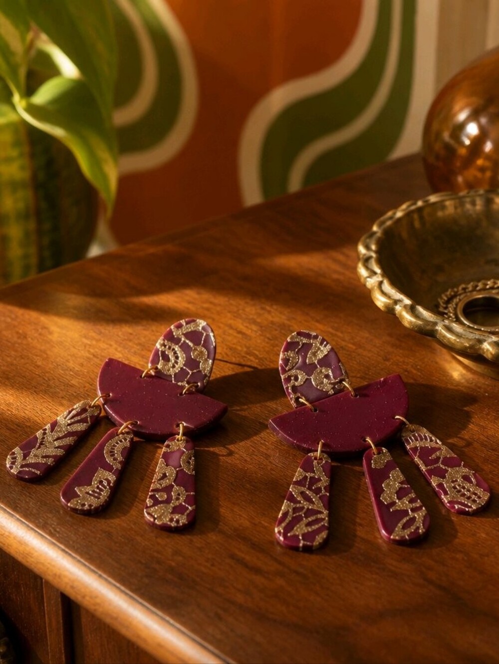 Handcrafted Polymer Clay Burgundy & Gold Lace Design Chunky Dangle Earrings